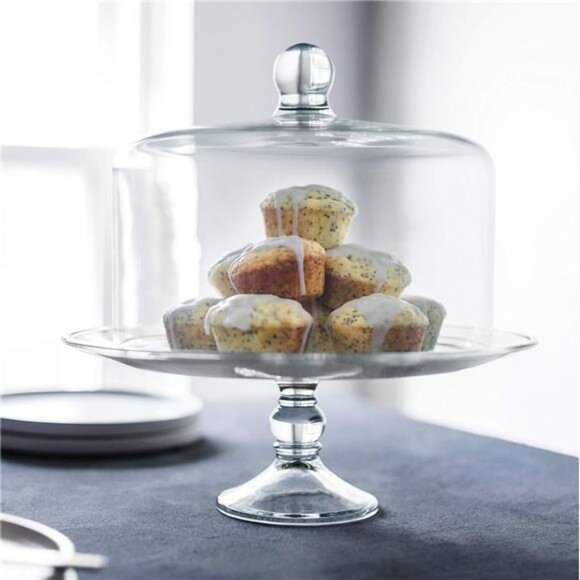 Glass Cake Stand with Dome Lid, Elegant Curved Footed Glass Cake Holder, Covered - Picture 2 of 8